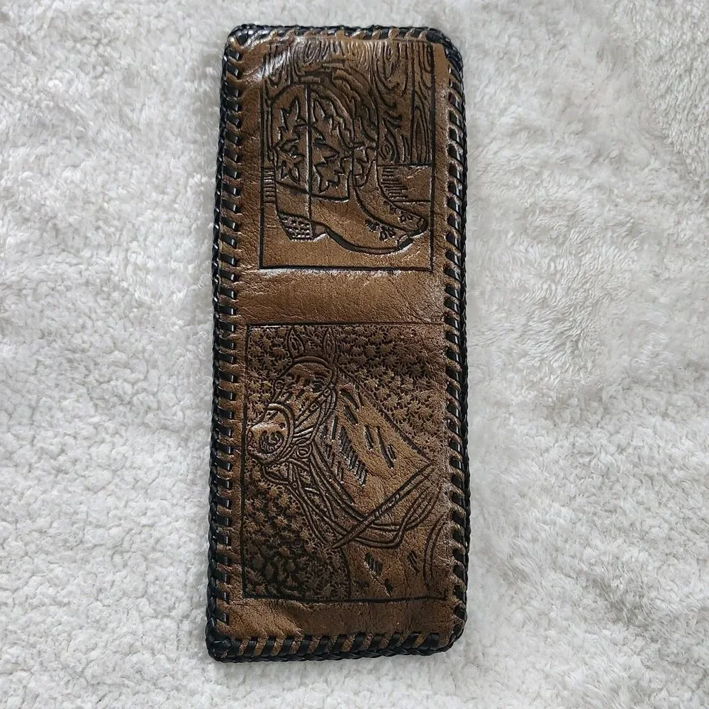 Vtg Hand Tooled Leather Braided Edge Bifold Wallet Western/Cowboy-Horse & Boots